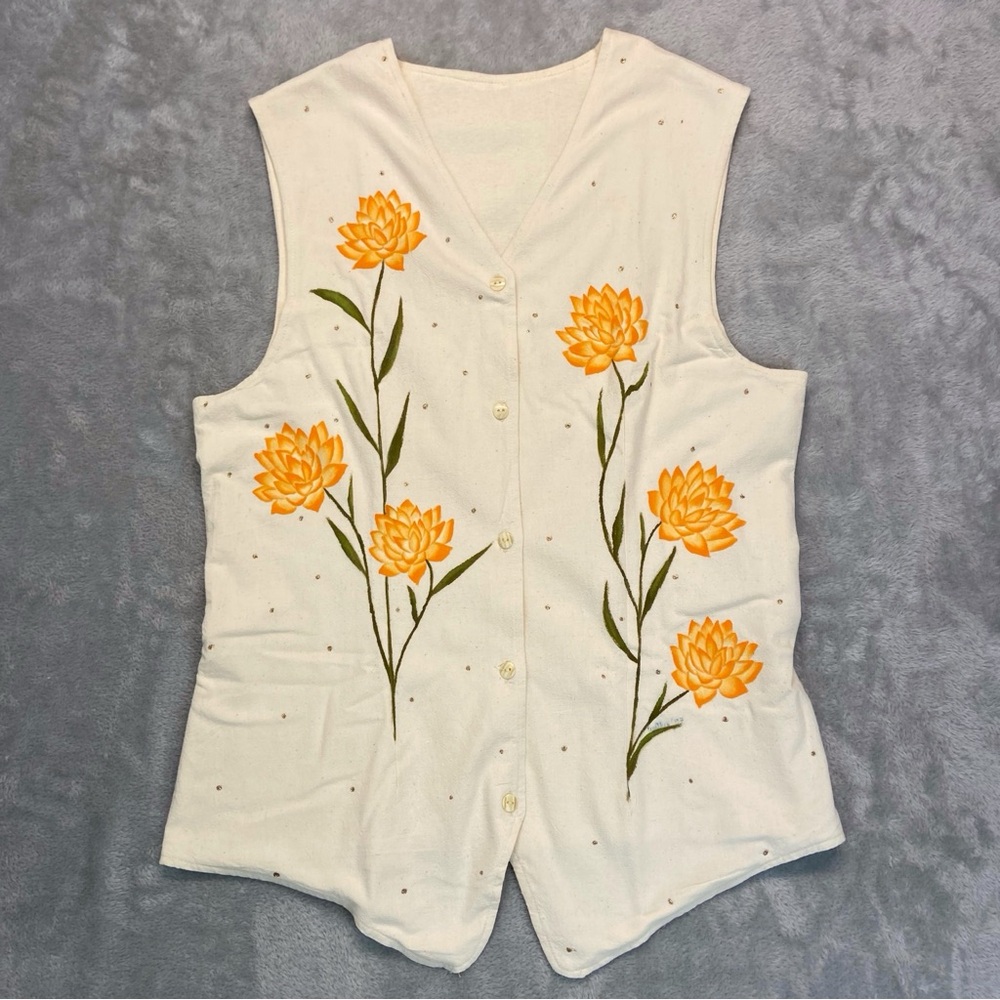 Vintage Hand Crafted Hand Painted Vest 90s in Cream Ecru Size M/L